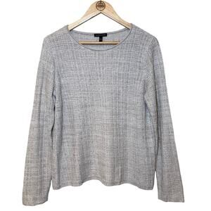 Eileen Fisher Pointelle-Knit Sweater 100% Organic Linen Long Sleeve Gray Medium